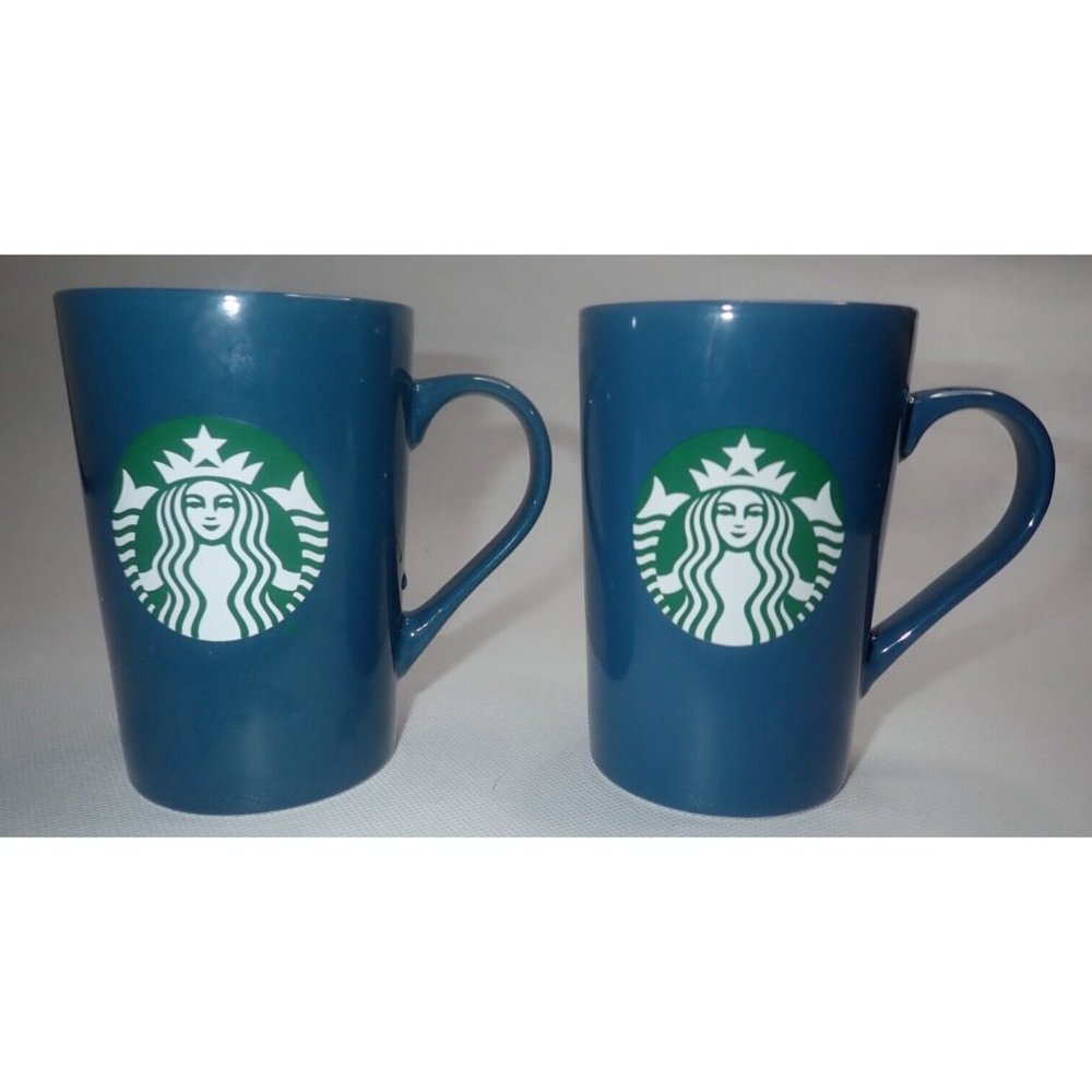 Set of 2 Starbucks Blue Ceramic Coffee Tea Mermaid Siren Logo Mugs Cups‎ 11 oz